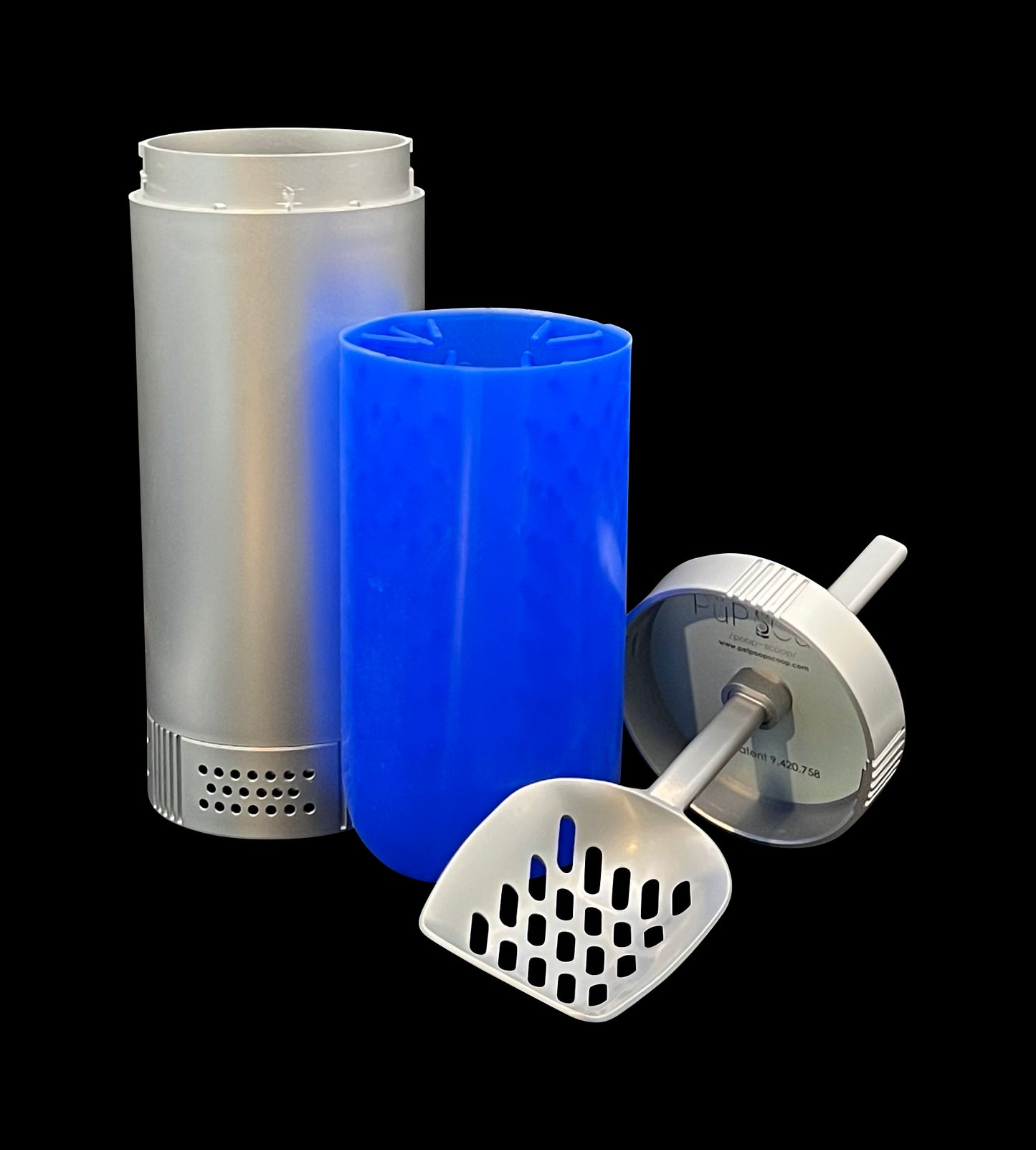 For periodic cleaning of the PÜP SCÜP™ /poop-scoop/ pet litter scoop, , the user removes the inner cylinder from the container, adds water and a cleaning detergent (of the user’s choice) to bring the PÜP SCÜP™ /poop-scoop/ back to a pristine condition.
