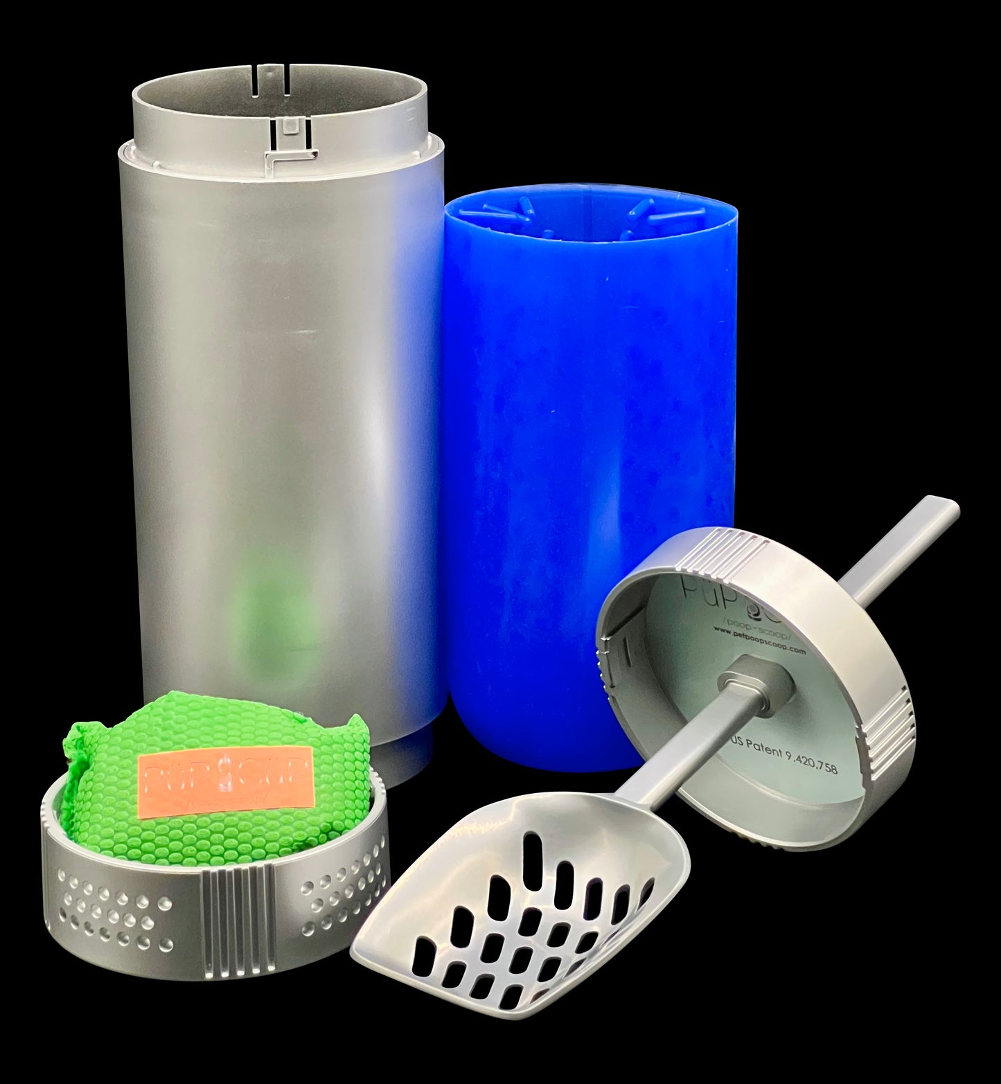 PÜP SCÜP™ /poop-scoop/ pet litter scoop with container is an effective and durable tool for scooping a pet litter box, but also an attractive and safe means of stowing the used pet litter scoop. The all-metal scoop and handle is lightweight, yet users will immediately notice its durability and strength while scooping; especially when using the scoop to remove pet waste from the corners, sides, and bottom of the box.