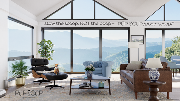 Luxury Blue Ridge Mountain house with beautiful views, comfortable leather furniture, and a discrete litter box scooper in attractive silver container
