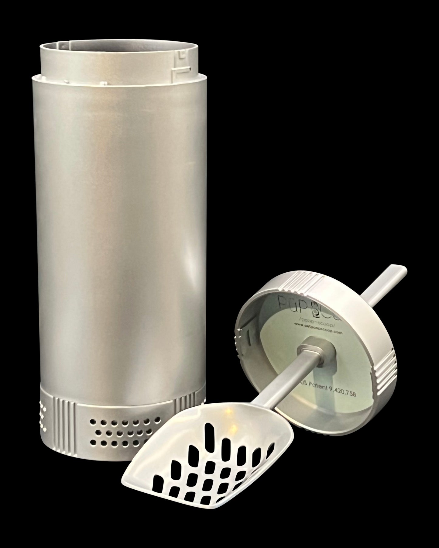 PÜP SCÜP™ /poop-scoop/ has a locking mechanism enabling users to deter children from handling a dirty litter scoop.  The vented cavity, which houses the NōSmell™ charcoal bag for odor reduction, also has the same locking feature.