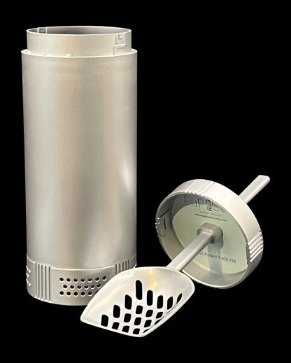PÜP SCÜP™ /poop-scoop/ has a locking mechanism enabling users to deter children from handling a dirty litter scoop.  The vented cavity, which houses the NōSmell™ charcoal bag for odor reduction, also has the same locking feature.