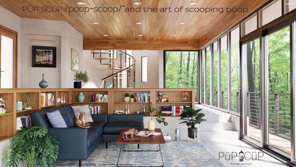 Sophisticated and contemporary living space with wooden ceiling, modern sofa with a cat, a litter box, a stylish litter scoop holder, large windows and trees