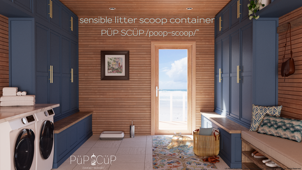 Very clean and organized mud room with washer, dryer, lockers, a cat, and a litter box with hidden litter scoop in container.