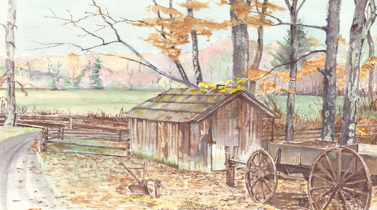 Colorful Autumn countryside scene with misty hills, a green meadow, a shed, and a wagon as a SCÜPskin™Deco-Sleeve on the PÜP SCÜP™ litter scoop canister.