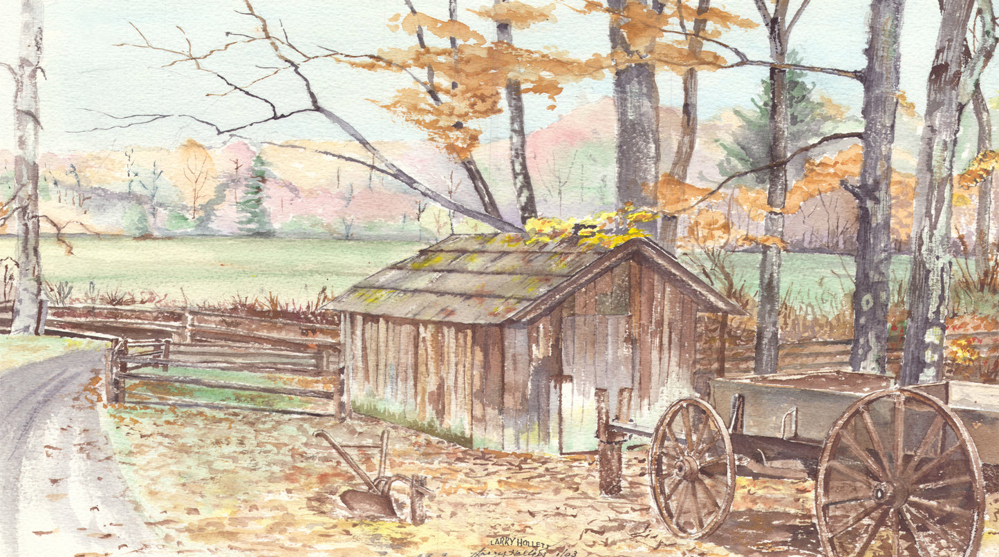 Colorful Autumn countryside scene with misty hills, a green meadow, a shed, and a wagon as a SCÜPskin™Deco-Sleeve on the PÜP SCÜP™ litter scoop canister.