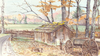 Colorful Autumn countryside scene with misty hills, a green meadow, a shed, and a wagon as a SCÜPskin™Deco-Sleeve on the PÜP SCÜP™ litter scoop canister.