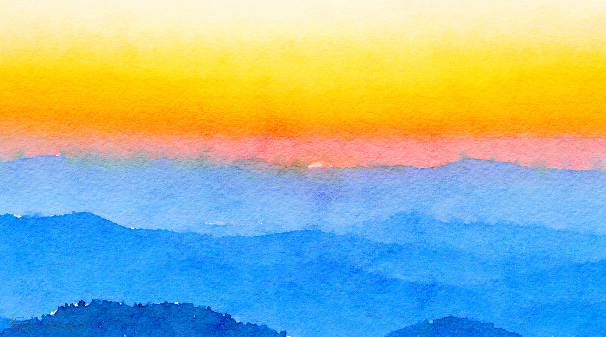 Impressionistic style and colorful artwork featuring the Blue Ridge Mountains at sunset for a SCÜPskin™ Deco-Sleeve on the PÜP SCÜP™ litter scoop canister.