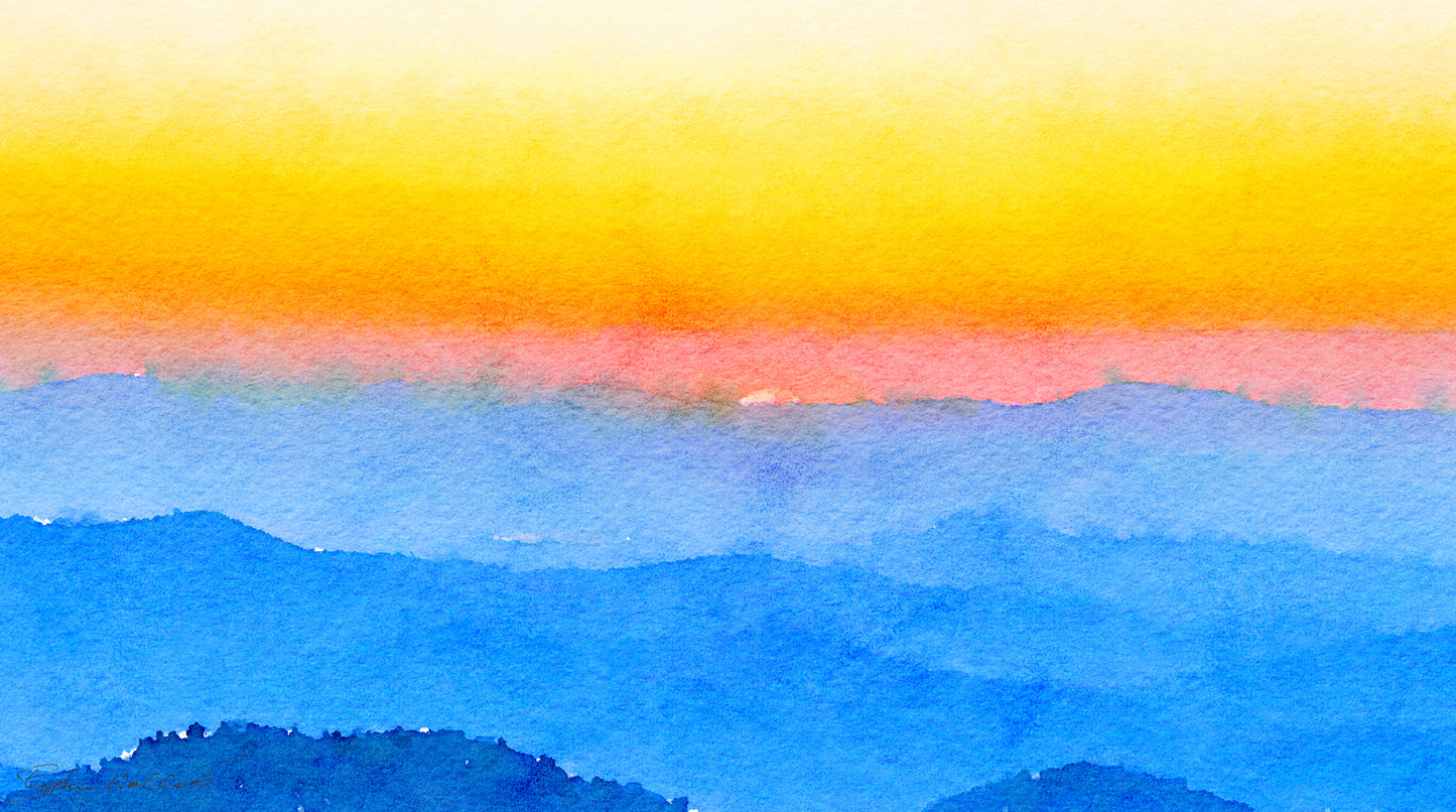 Impressionistic style and colorful artwork featuring the Blue Ridge Mountains at sunset for a SCÜPskin™ Deco-Sleeve on the PÜP SCÜP™ litter scoop canister.