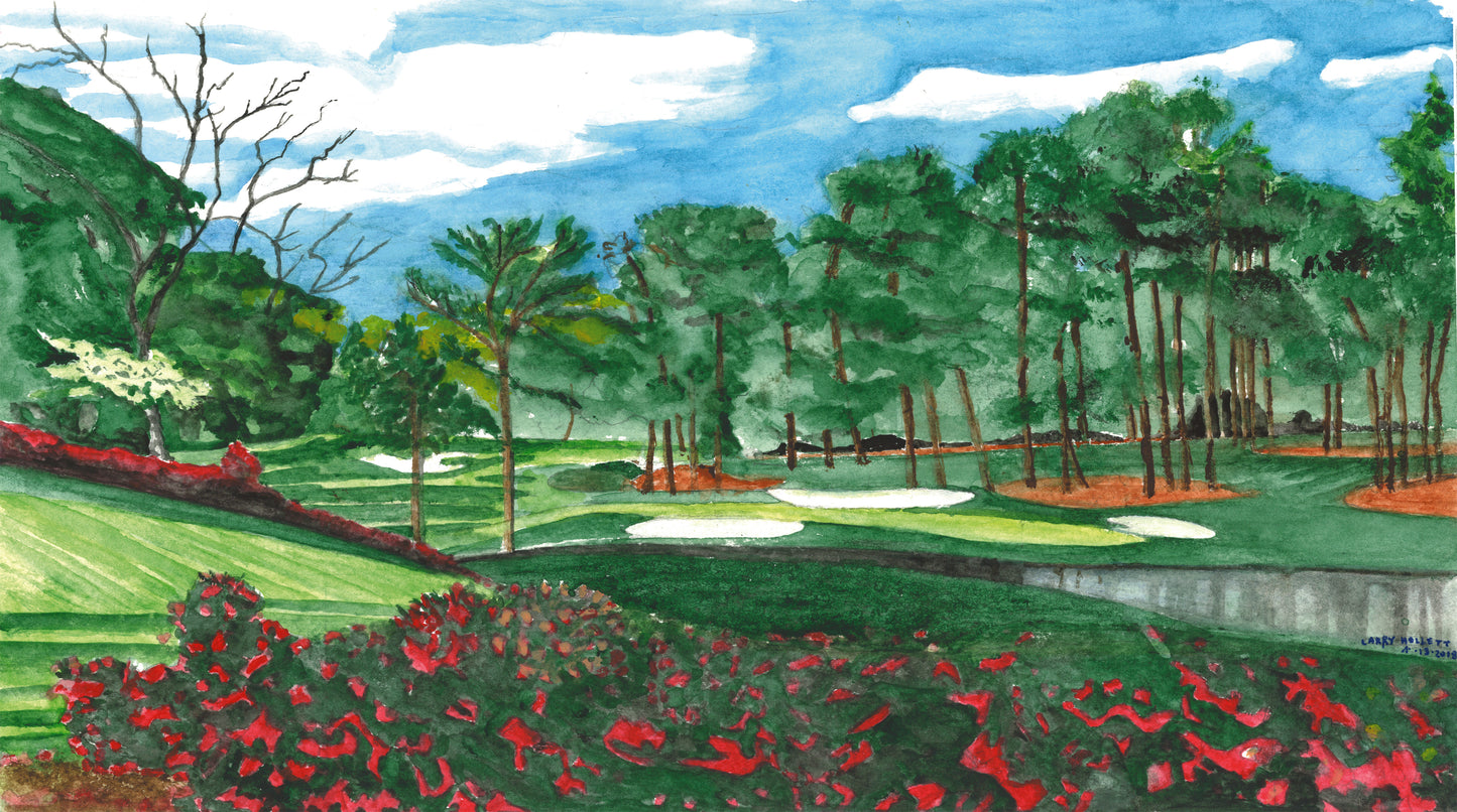 Beautiful watercolor of Hole 16 Rosebud at Augusta National for a SCÜPskin™ Deco-Sleeve on the PÜP SCÜP™ litter scoop canister.