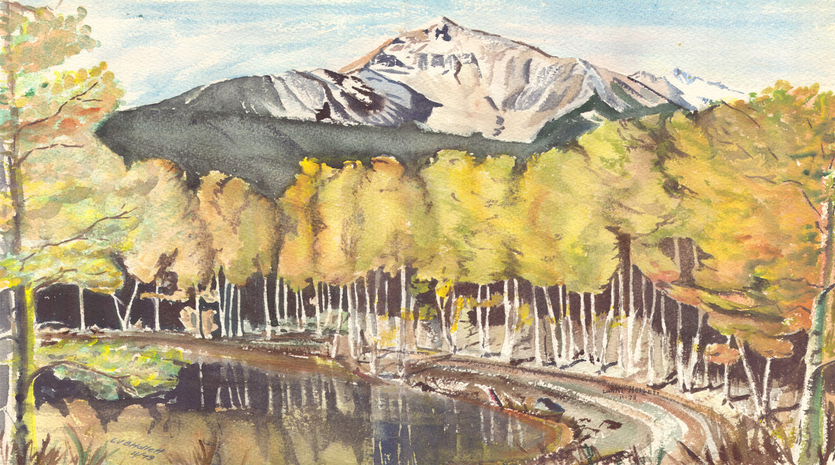 Scenic and colorful watercolor of maple trees and the Rocky Mountains as a SCÜPskin™ Deco-Sleeve for the PÜP SCÜP™ litter scoop holder.