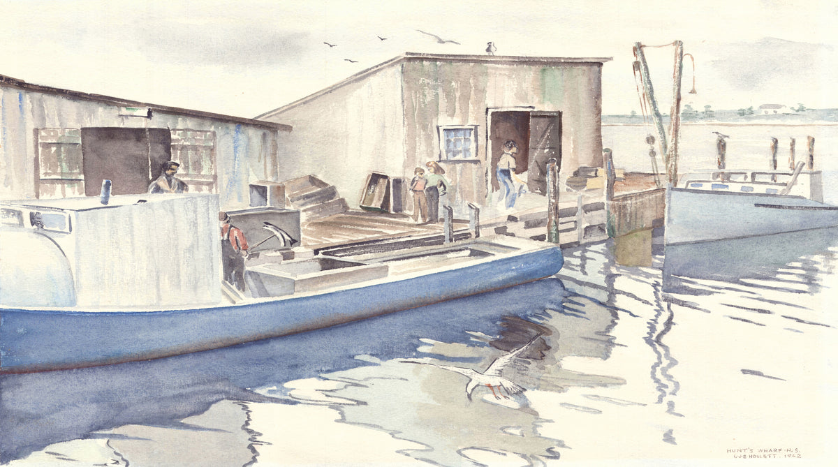 Scenic watercolor of a quaint fishing wharf in Nova Scotia as a SCÜPskin™ Deco-Sleeve for the PÜP SCÜP™ litter scoop holder.
