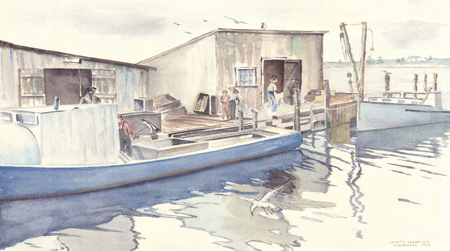 Scenic watercolor of a quaint fishing wharf in Nova Scotia as a SCÜPskin™ Deco-Sleeve for the PÜP SCÜP™ litter scoop holder.