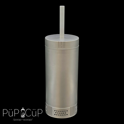 Discreet silver canister holder for the litter scoop in its contained state, which also shows the bottom, vented cavity for the charcoal bag odor absorber, called NōSmell™.
