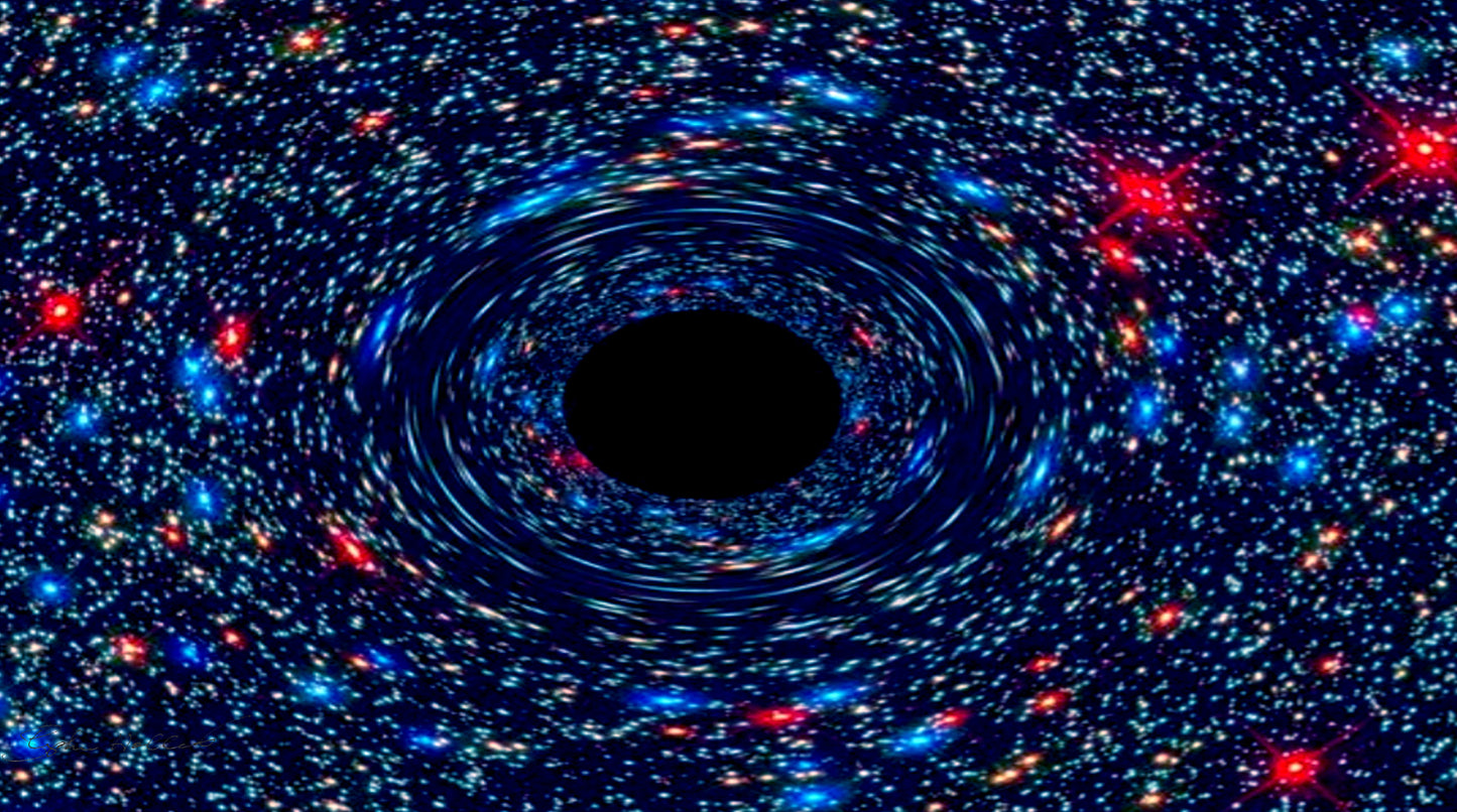 Artistic image depicting a galaxy with bright stars swirling towards an oval black hole as a SCÜPskin™ Deco-Sleeve for the patented PÜP SCÜP™ litter scoop caddy.