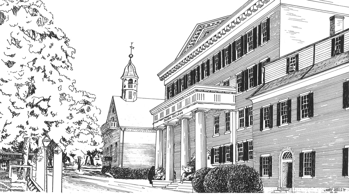 Pen and Ink artwork of Salem College for a SCÜPskin™ Deco-Sleeve on the PÜP SCÜP™ litter scoop canister.