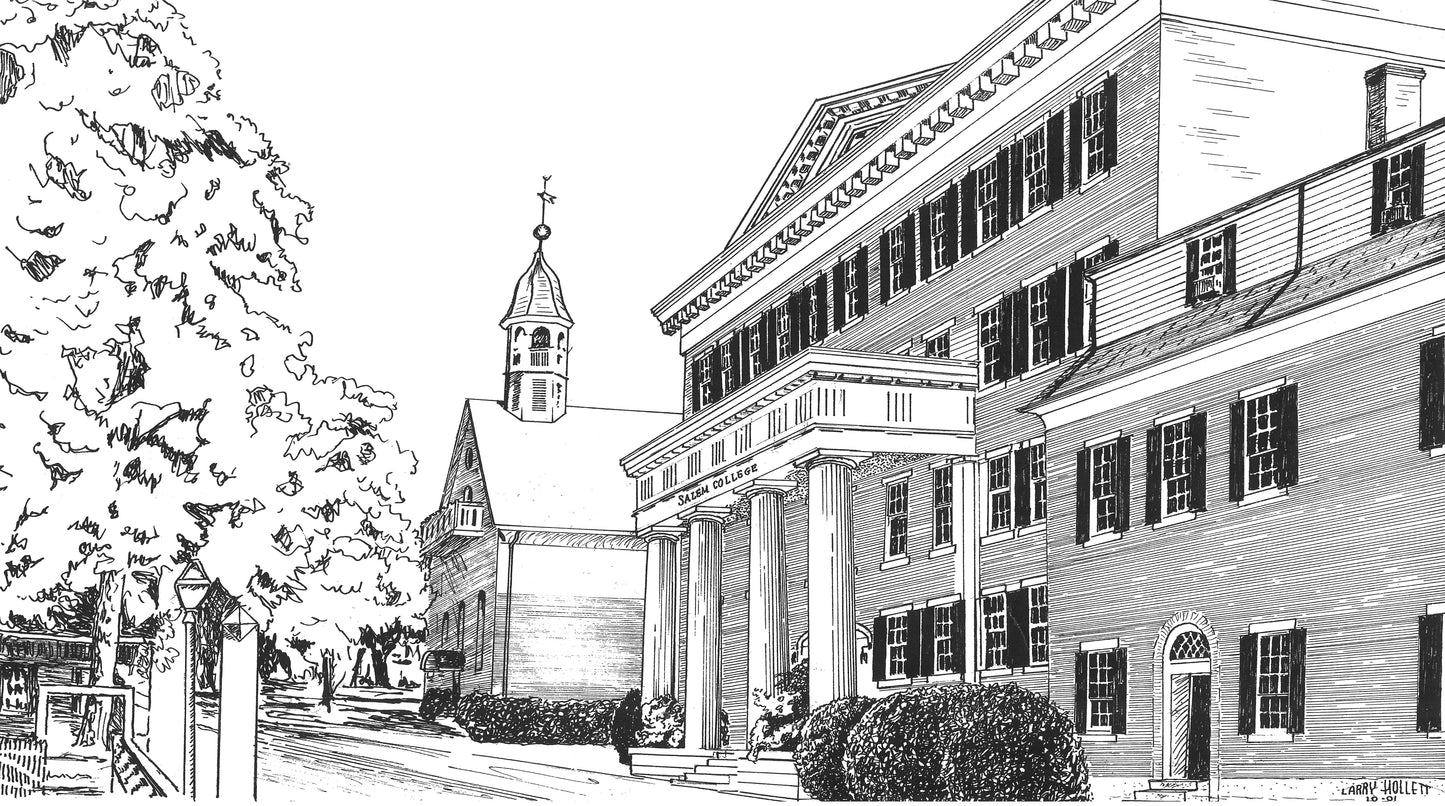 Pen and Ink artwork of Salem College for a SCÜPskin™ Deco-Sleeve on the PÜP SCÜP™ litter scoop canister.
