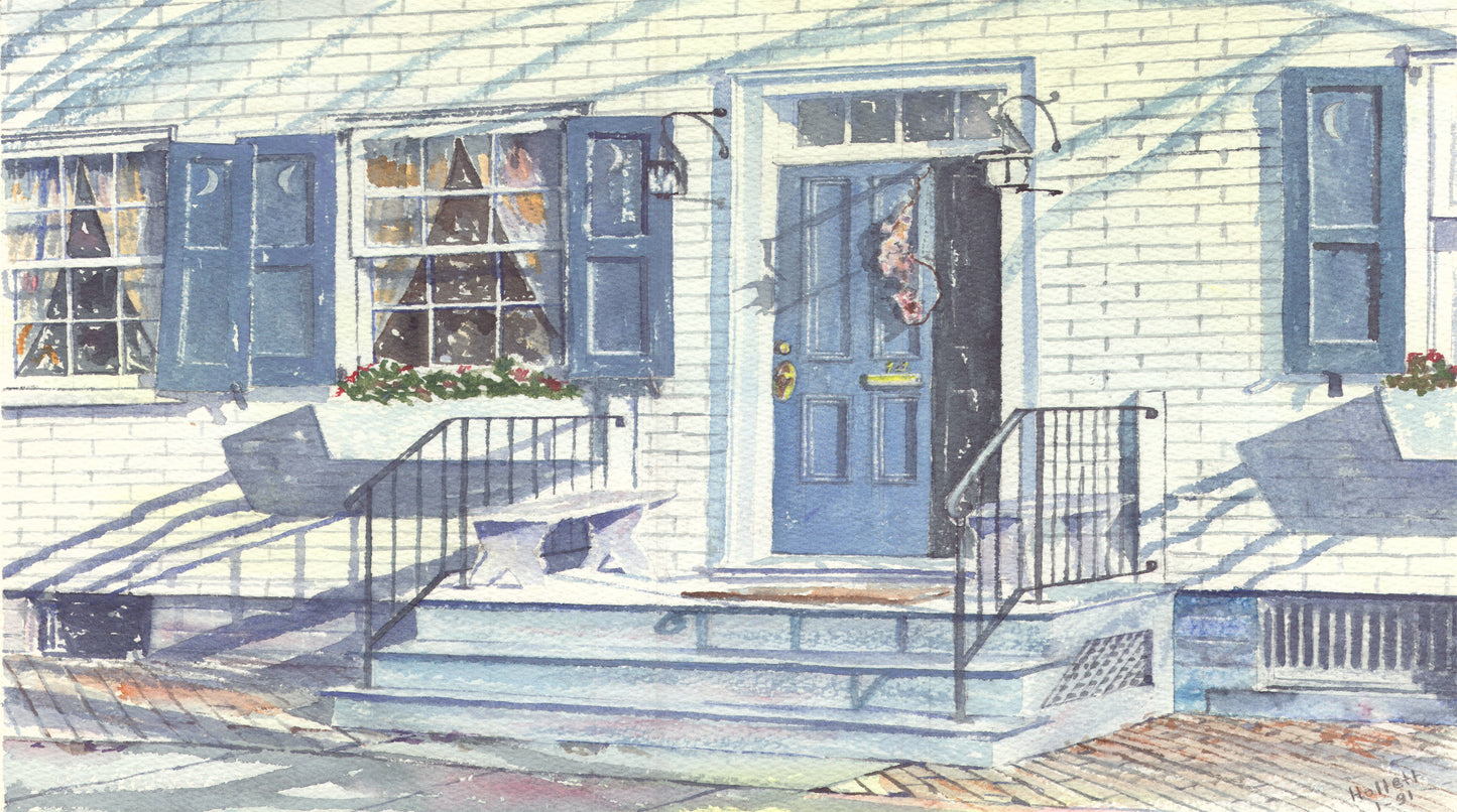 Watercolor scene of historic Williamsburg, Virginia residence showing a sunny front stoop and door for a SCÜPskin™ Deco-Sleeve on the PÜP SCÜP™ litter scoop canister.