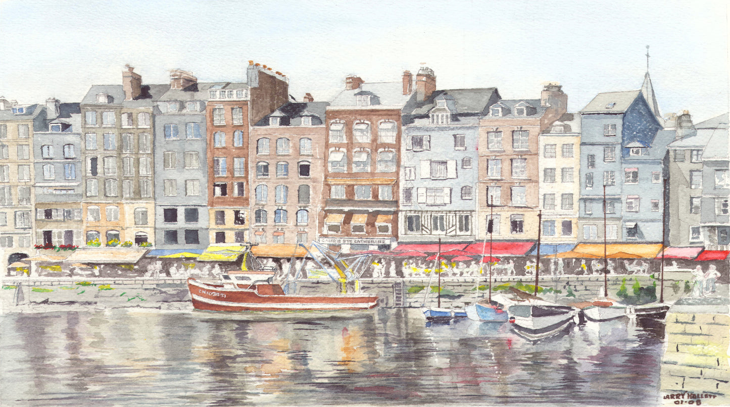 Colorful watercolor of Le Vieux Bassin in Honfleur, France, as a SCÜPskin™ Deco-Sleeve for the PÜP SCÜP™ litter scoop container system.