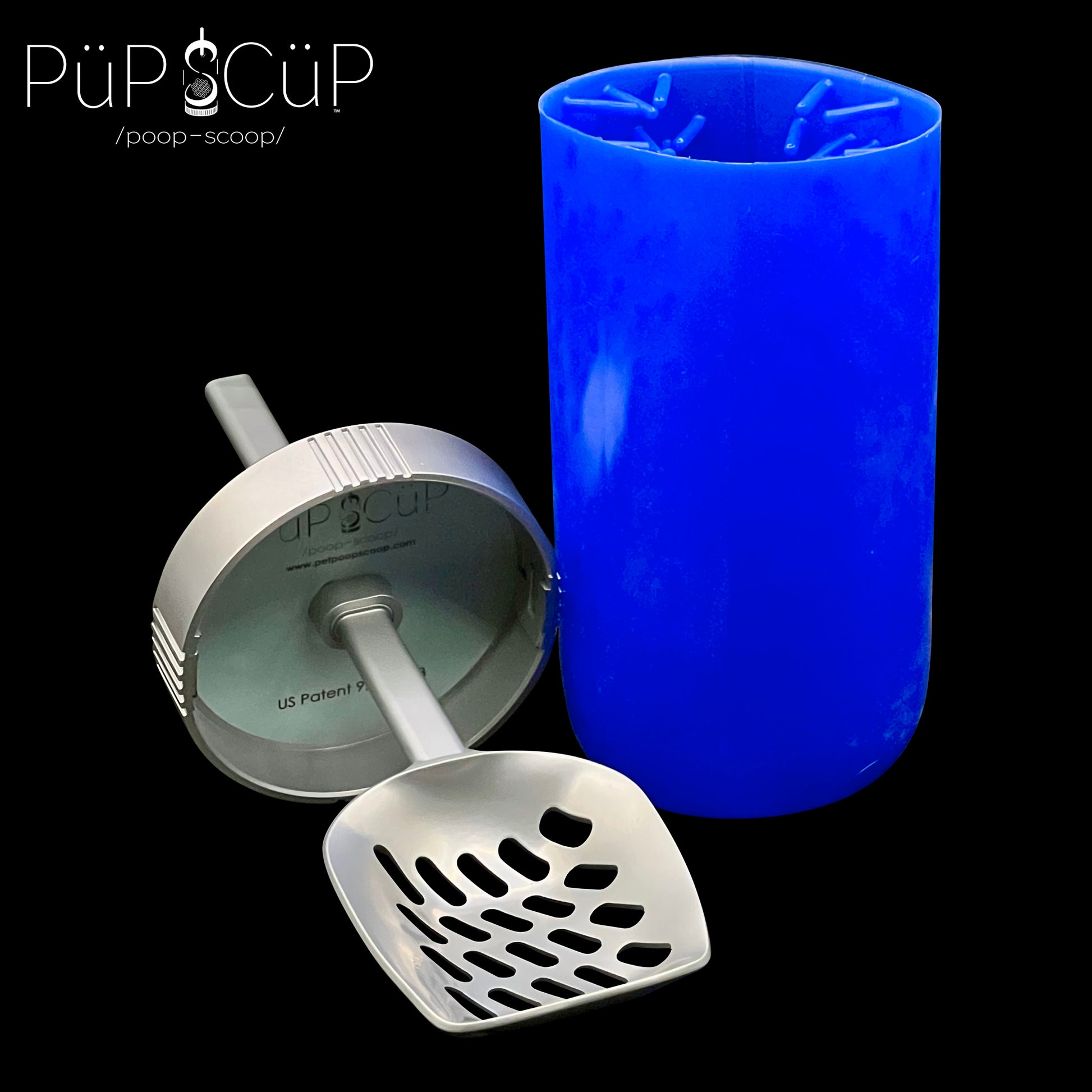 Durable metal PÜP SCÜP™ pet litter scoop with a plastic lid next to its removable blue silicone inner cleaning cylinder, showing how easily the flexible liner can be hand-washed to maintain a hygienic condition.
