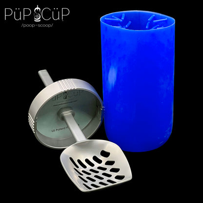 Durable metal PÜP SCÜP™ pet litter scoop with a plastic lid next to its removable blue silicone inner cleaning cylinder, showing how easily the flexible liner can be hand-washed to maintain a hygienic condition.