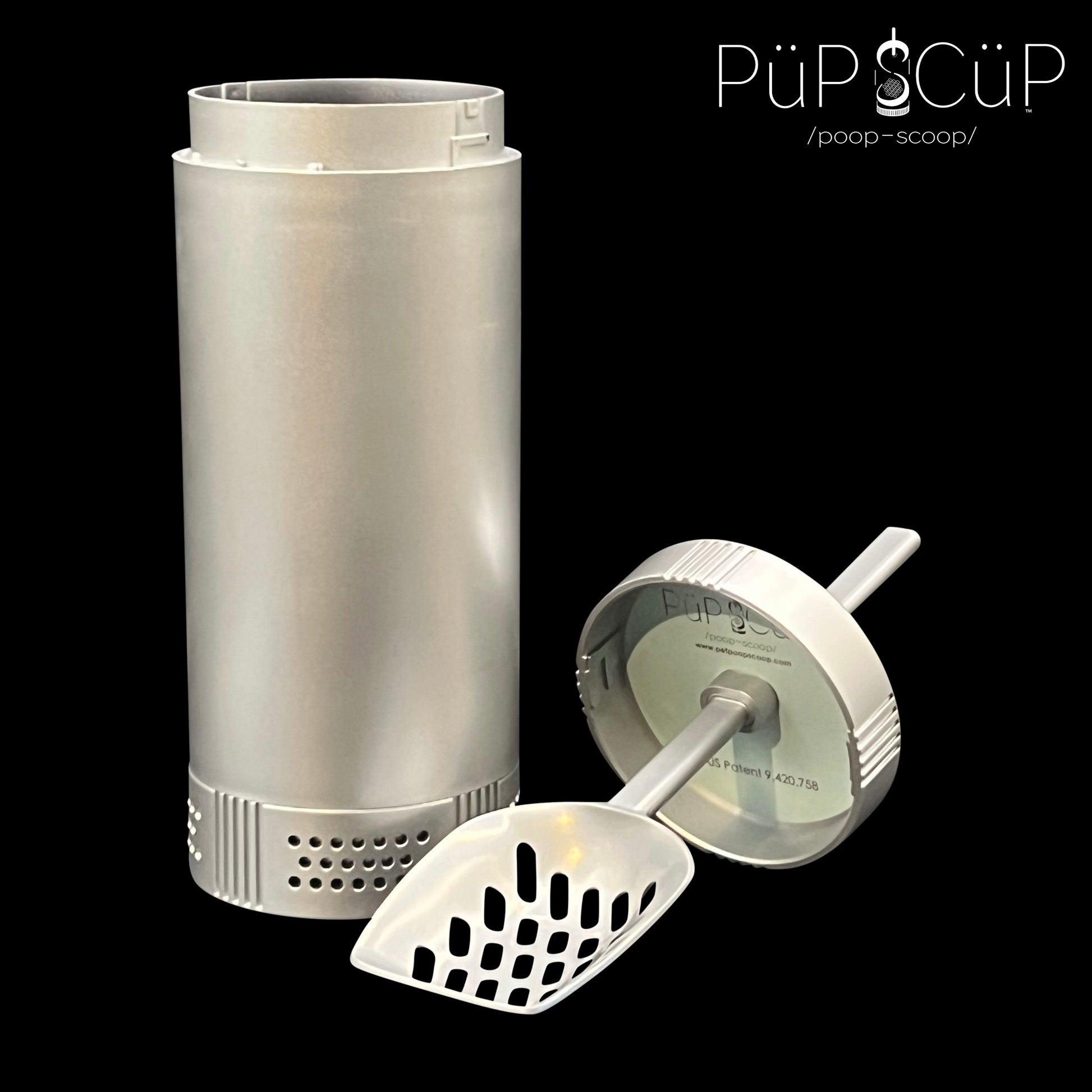 Silver plastic PÜP SCÜP™ canister and attached plastic bottom vented cavity, both featuring a locking mechanism to deter mis-handling. Pictured next to the metal litter scoop with an attached plastic lid, the container prevents toddlers from accessing the dirty scoop.