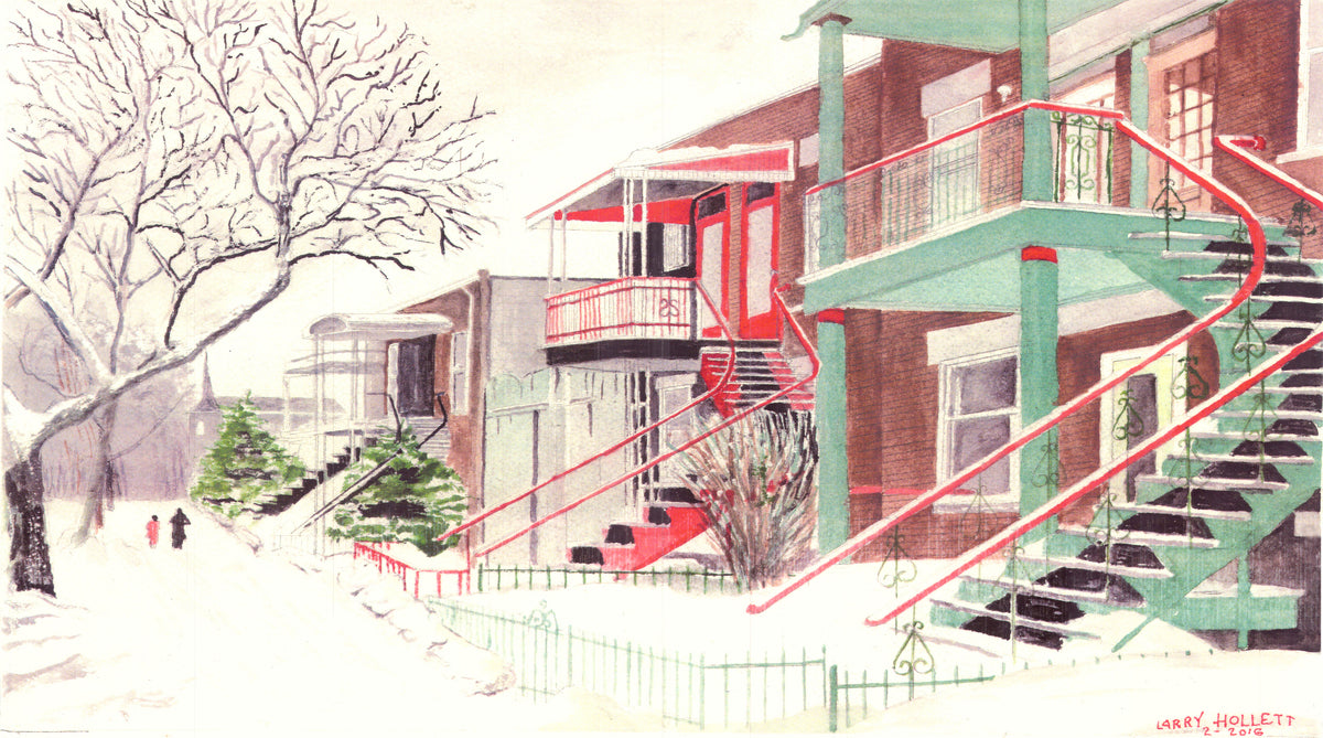 Watercolor depicting Montreal’s iconic outdoor spiral staircases, a famous architectural element, as a SCÜPskin™ Deco-Sleeve for the PÜP SCÜP™ litter scoop holder.