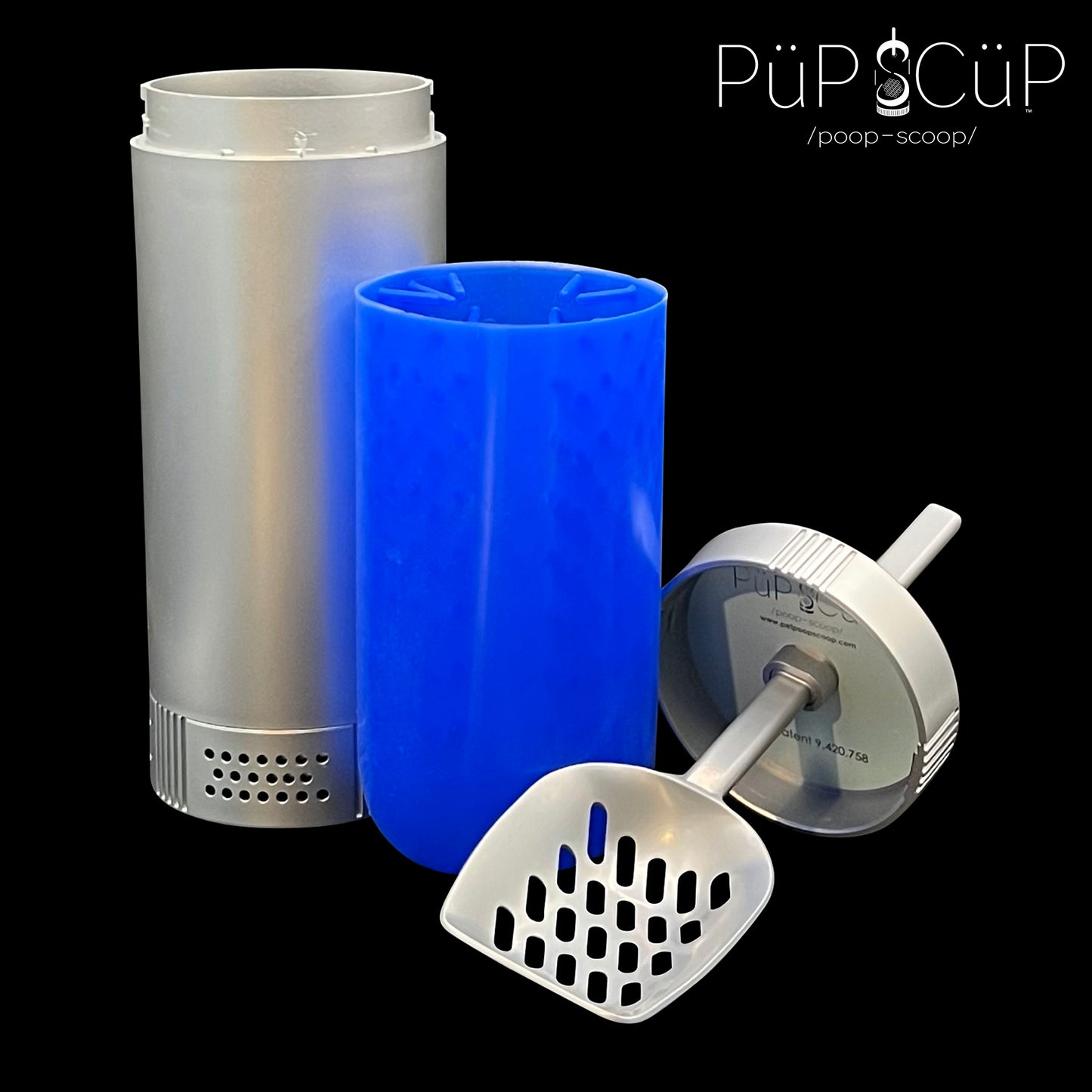 Patented PÜP SCÜP™ litter scoop caddy system showcasing how the removable blue silicone inner cleaning cylinder easily separates from the outer plastic container to wash away stuck-on pet waste and maintain a hygienic, like-new condition.