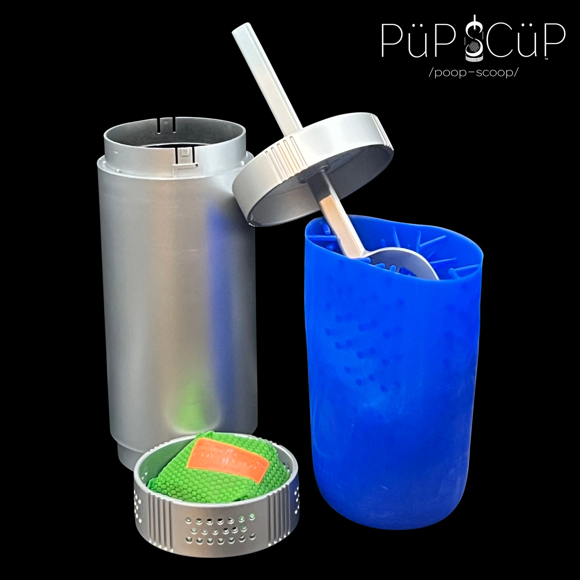 The removable blue silicone inner cleaning cylinder shown next to the plastic outer container of the PÜP SCÜP™ pet litter scoop system. The visual highlights the notches on the top and bottom of the container, which provide a locking mechanism to deter misuse and secure the scoop and charcoal odor control bag.