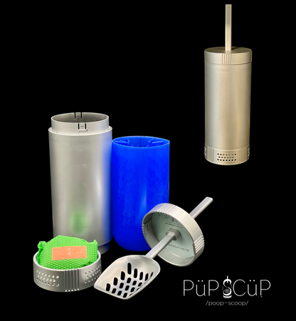 The patented PÜP SCÜP™ pet litter scoop containment system showing all components separately and together with all components placed in its silver colored plastic container.