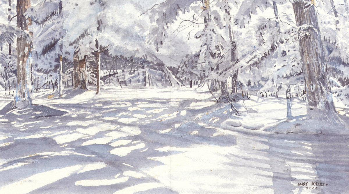 Watercolor of a winter forest scene in Quebec, Canada as a SCÜPskin™ Deco-Sleeve for the patented PÜP SCÜP™ litter scoop caddy.
