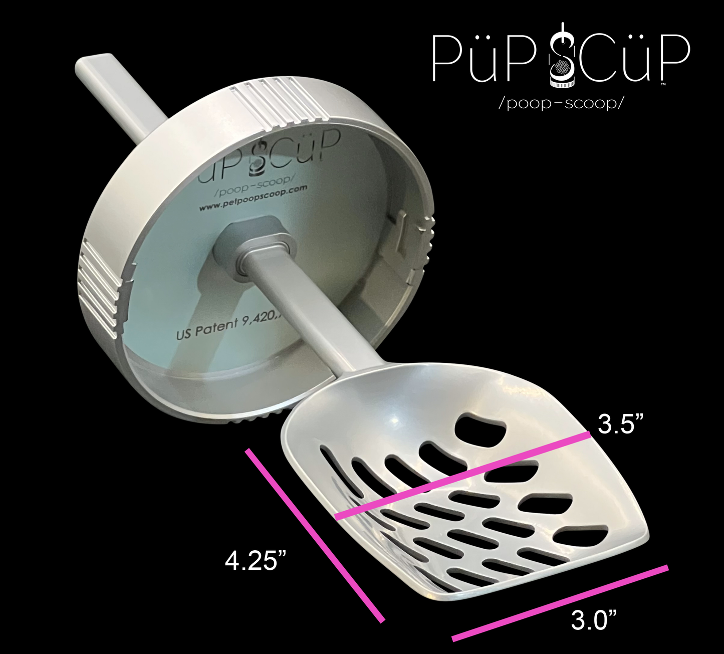 Close-up of the robust, heavy-duty metal PÜP SCÜP™ pet litter scoop basket showcasing its durable construction and a perfectly fitted plastic lid attached to the handle for maximum hygiene.
