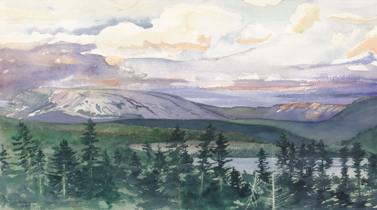 Contrasting green and purple colors in a watercolor painting of Mirror Lake as a SCÜPskin™ Deco-Sleeve for the PÜP SCÜP™ litter scoop caddy system.