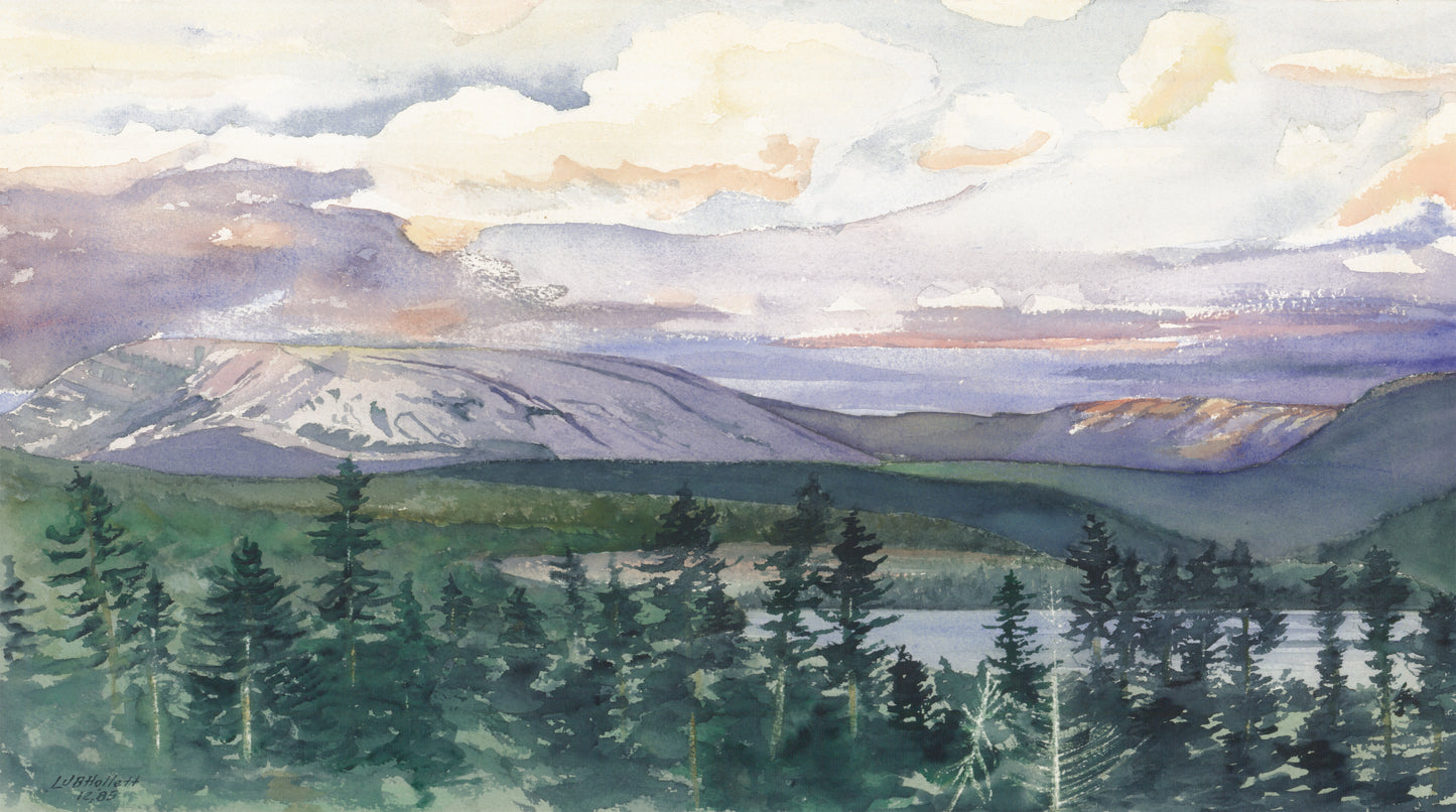 Contrasting green and purple colors in a watercolor painting of Mirror Lake as a SCÜPskin™ Deco-Sleeve for the PÜP SCÜP™ litter scoop caddy system.