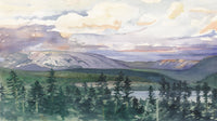 Contrasting green and purple colors in a watercolor painting of Mirror Lake as a SCÜPskin™ Deco-Sleeve for the PÜP SCÜP™ litter scoop caddy system.