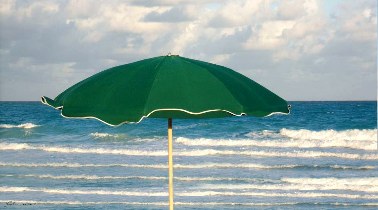 Green umbrella with white trim and South Beach Florida waves for a SCÜPskin™ Deco-Sleeve on the PÜP SCÜP™ litter scoop canister.