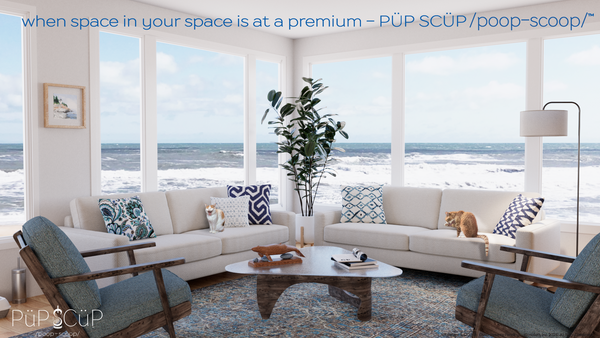 Ocean view room with couches, chairs, cats, and a discrete pet litter scoop caddy