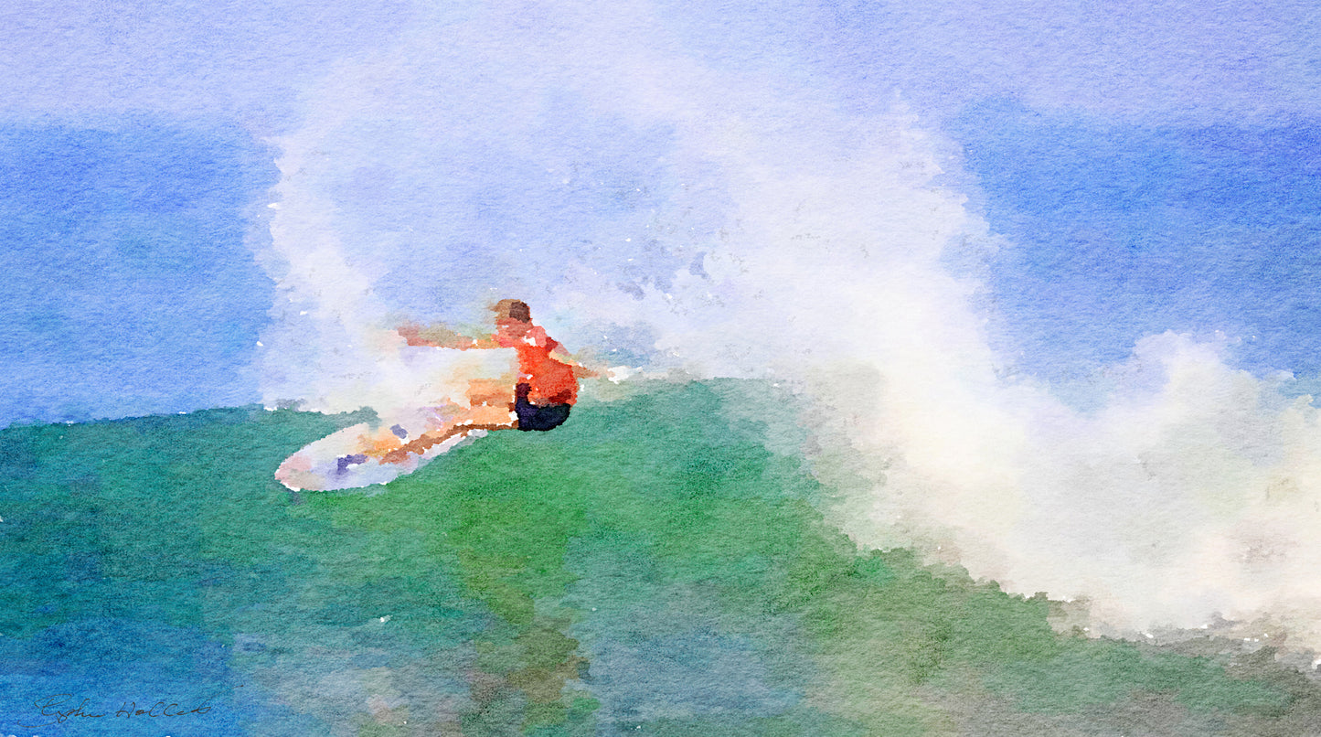 Impressionistic style art design of a surfer catching a wave for a SCÜPskin™ Deco-Sleeve on the PÜP SCÜP™ litter scoop canister.