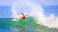 Impressionistic style art design of a surfer catching a wave for a SCÜPskin™ Deco-Sleeve on the PÜP SCÜP™ litter scoop canister.