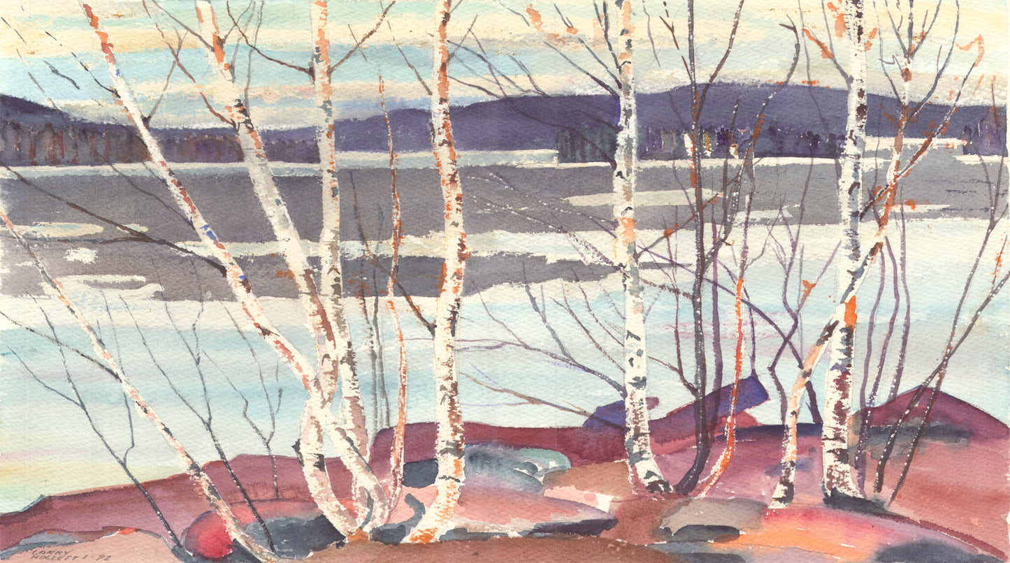 Colorful watercolor scene in Tom Thompson style showing Birch trees, icy water, Winter sky, and mountains for a SCÜPskin™ Deco-Sleeve on the PÜP SCÜP™ litter scoop canister.