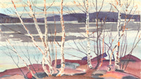 Colorful watercolor scene in Tom Thompson style showing Birch trees, icy water, Winter sky, and mountains for a SCÜPskin™ Deco-Sleeve on the PÜP SCÜP™ litter scoop canister.