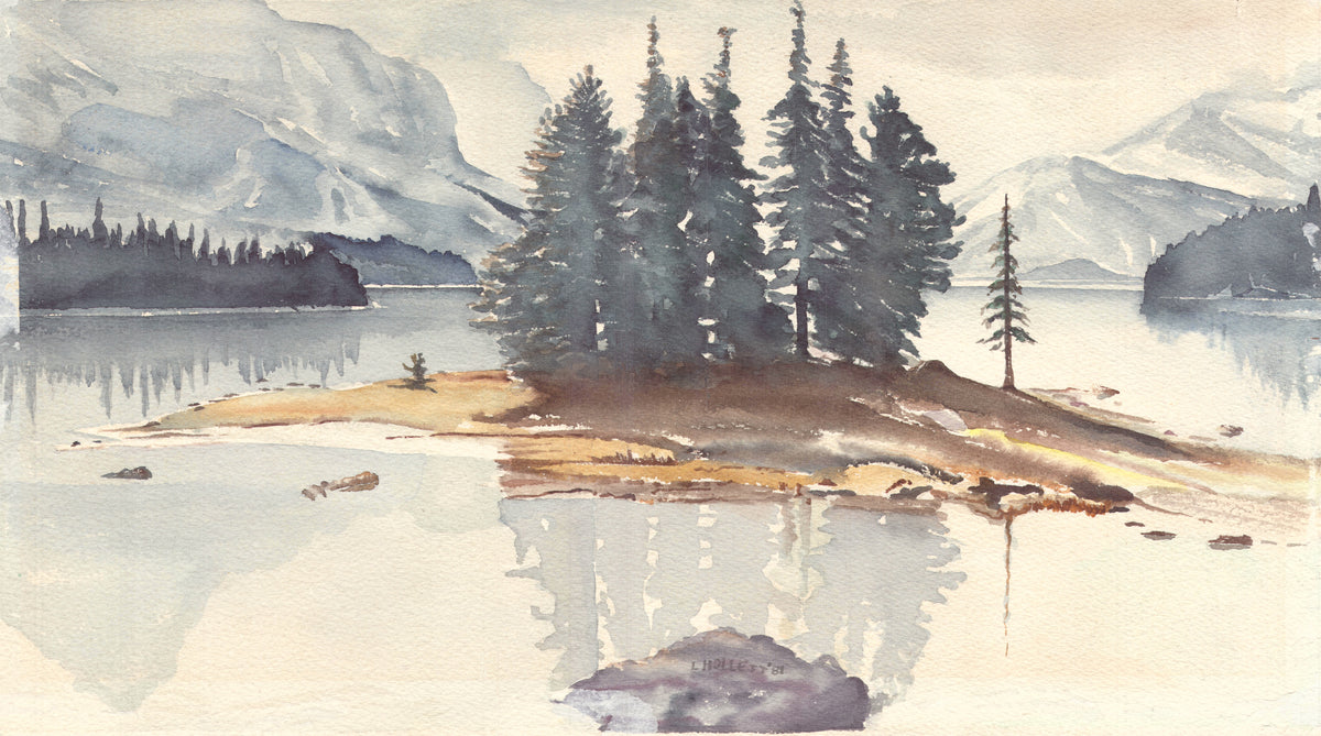 Scenic watercolor of Spirit Island in Maligne Lake in Jasper National Park, Alberta Canada as a SCÜPskin™ Deco-Sleeve for the patented PÜP SCÜP™ litter scoop caddy.