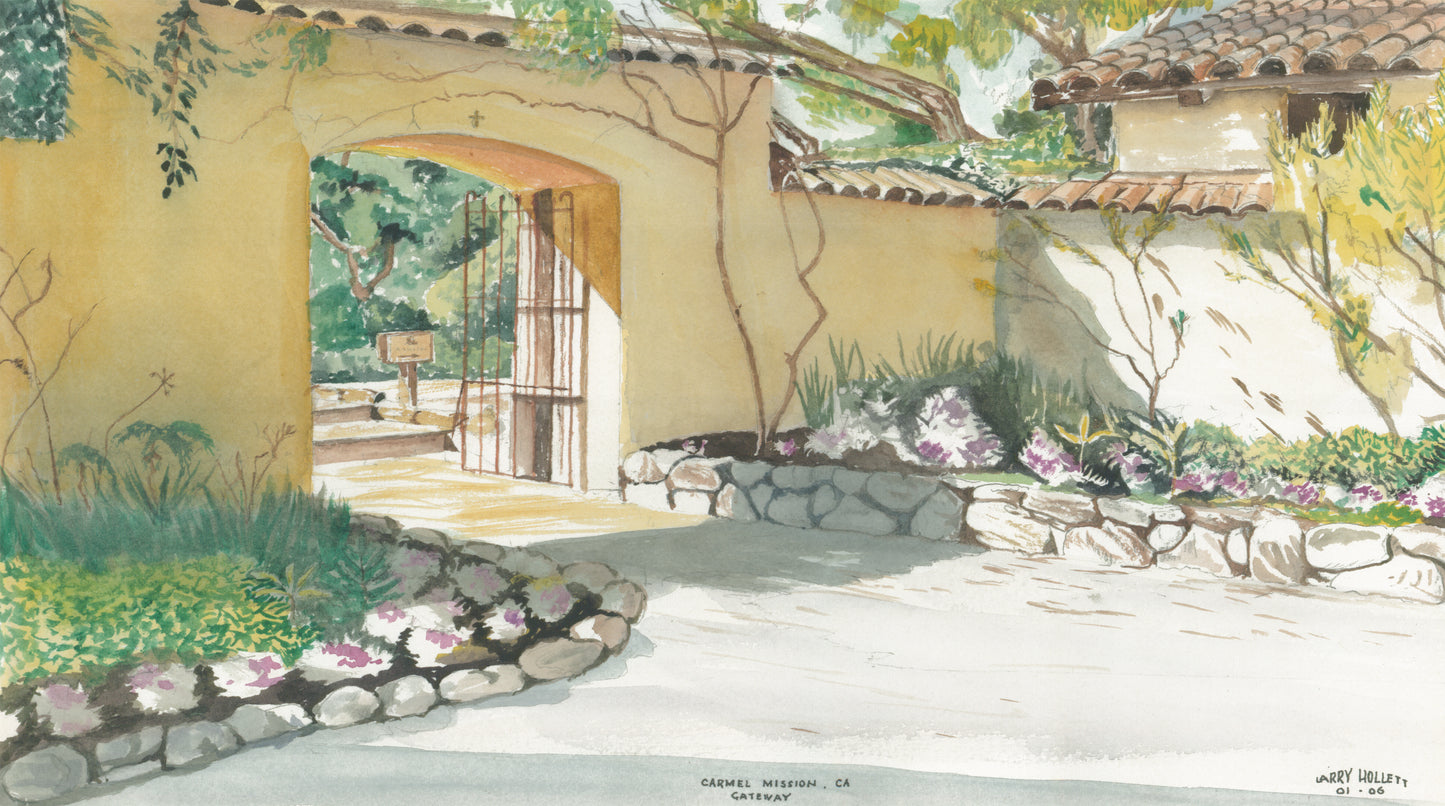 Cheerful watercolor of Carmel Mission Belfry SCÜPskin™ Deco-Sleeve for PÜP SCÜP™ litter scoop caddy system.