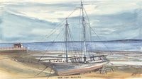 Artistic watercolor SCÜPskin™ Deco-Sleeve depicting sailboat repair work at ebb tide for the PÜP SCÜP™ litter scoop holder.