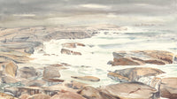Watercolor scene of Terence Bay near Halifax, Nova Scotia Canada featuring dramatic granite headlands, stormy sky, and ocean water as a SCÜPskin™ Deco-Sleeve for the patented PÜP SCÜP™ litter scoop caddy.