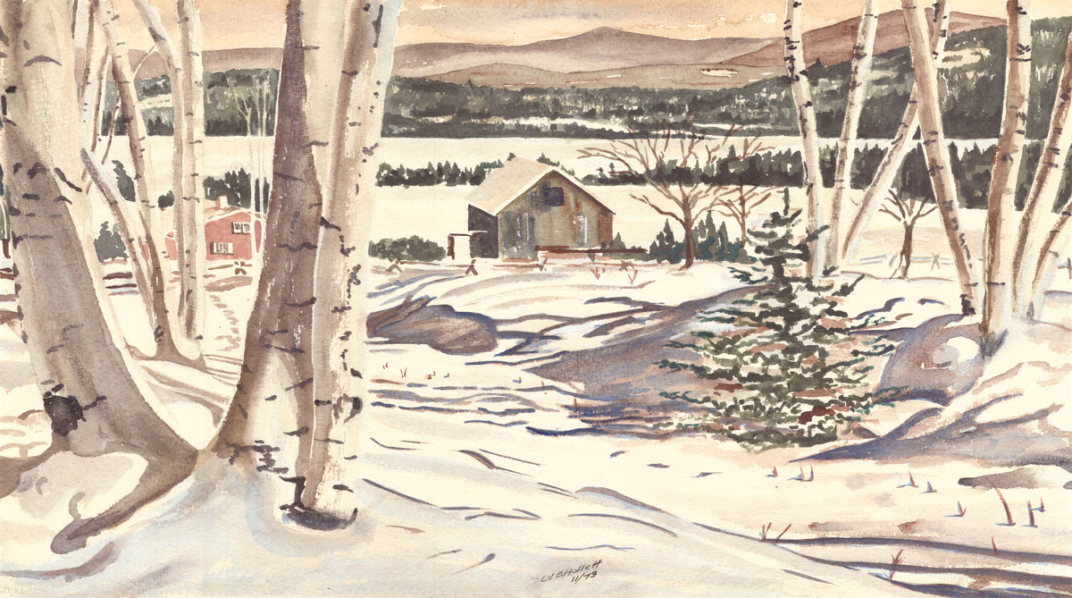 Watercolor scene depicting Winter in Vermont countryside with snow-covered ground, Birch trees, and subtle mountains as a SCÜPskin™ Deco-Sleeve for the PÜP SCÜP™ litter scoop holder.