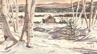 Watercolor scene depicting Winter in Vermont countryside with snow-covered ground, Birch trees, and subtle mountains as a SCÜPskin™ Deco-Sleeve for the PÜP SCÜP™ litter scoop holder.